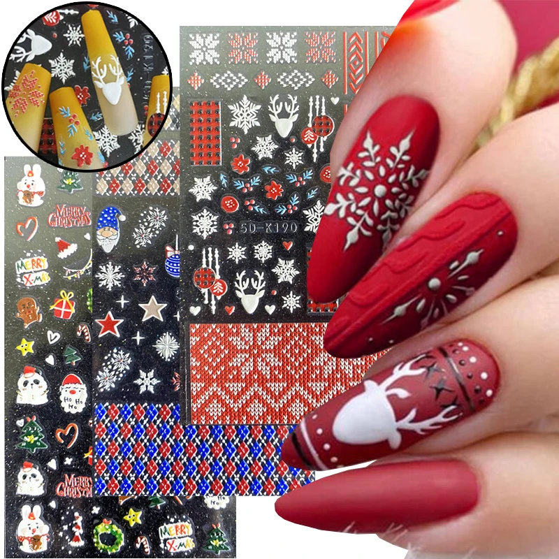 

5D Christmas Embossed Nail Stickers White Snowflakes Sliders For Nails Cute Cartoon White Bear Penguin Design Decals K187-196