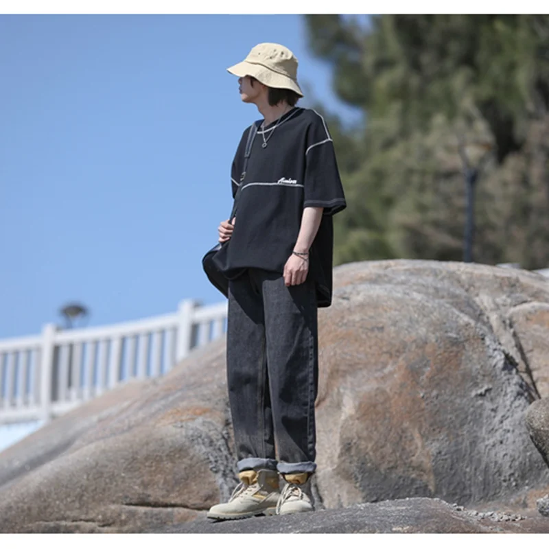 Men Clothing 2022 Autumn Winter New Vintage Versatile Comfortable Black Grey Harun Trousers Straight Loose Cylinder Jeans Female