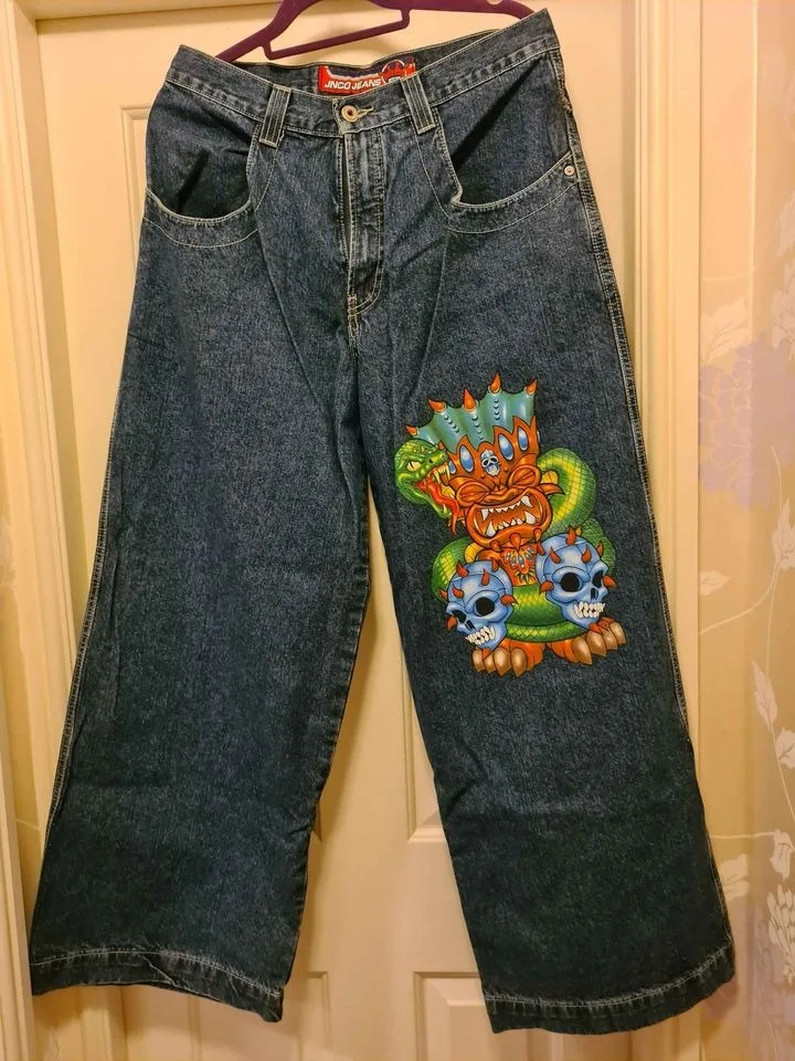 

Джинсы JNCO, уличная одежда, джинсовые мешковатые джинсы с принтом монстров в стиле хип-хоп, синие брюки в стиле ретро для мужчин и женщин, широкие брюки с высокой талией Y2K