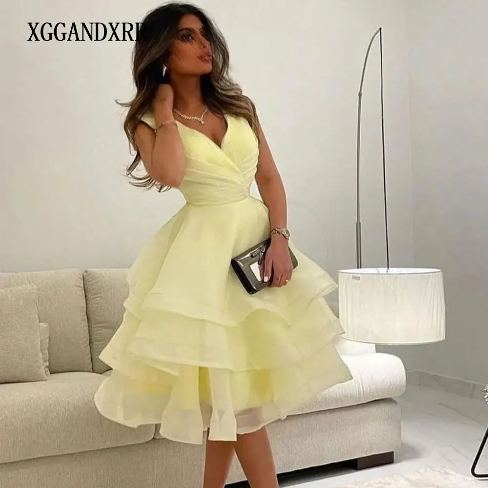

Женское многослойное платье без рукавов, элегантное желтое платье из органзы с V-образным вырезом, Плиссированное Платье До Колена, праздни...