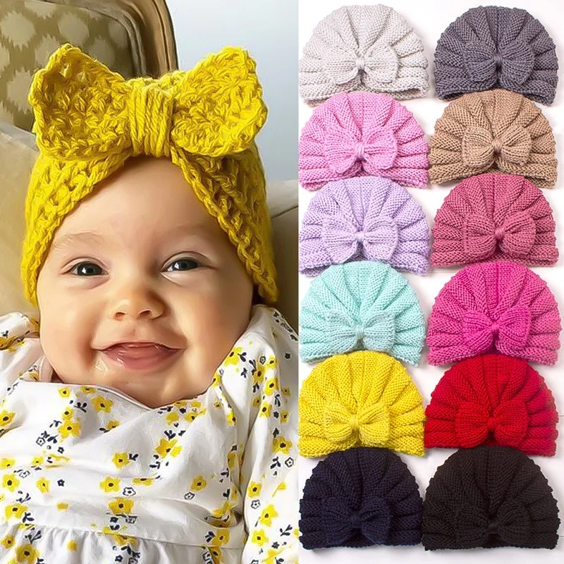 Baby Hat Girls Bows Turban Infant Photography Props Cotton Kids Beanie Knitted Cap Accessories Children Hats Newborns Bonnet