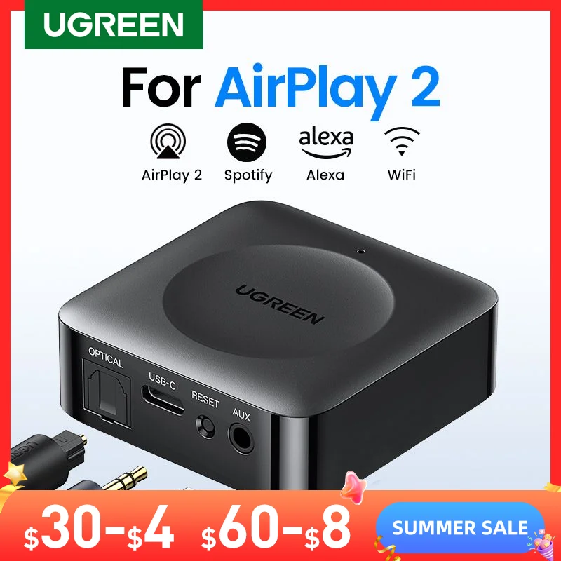 UGREEN  WiFi 2.4/5G HiFi Audio Receiver Preamplifier DLNA Optical & 3.5mm Speaker For Airplay2 Music Adapter with Siri & Alexa
