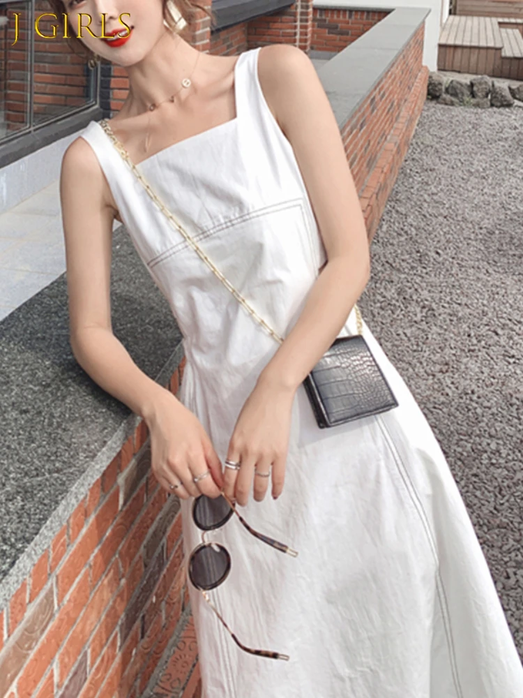 

J GIRLS Summer Long Vintage Dress Women French Style Sleeveless A-line Sexy Hollow Out Waist Casual Beach Spaghetti Strap Midi