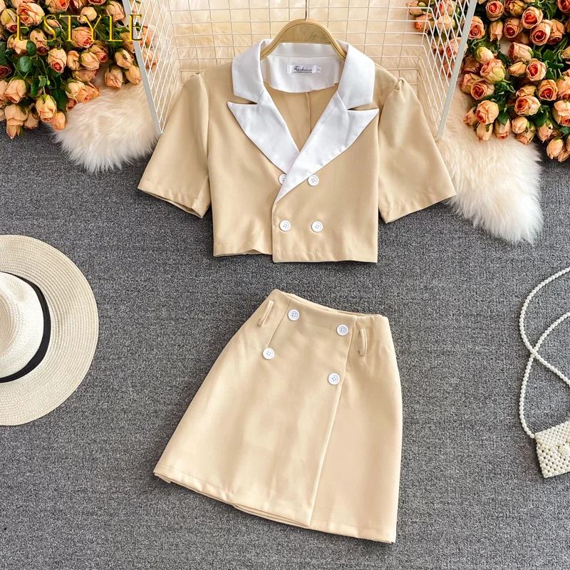 Retro Double-breasted Cropped Tops Skirt Two Piece Set Women Fashion Notched Collar Puff Sleeve Jacket Top And Mini Skirt Suit