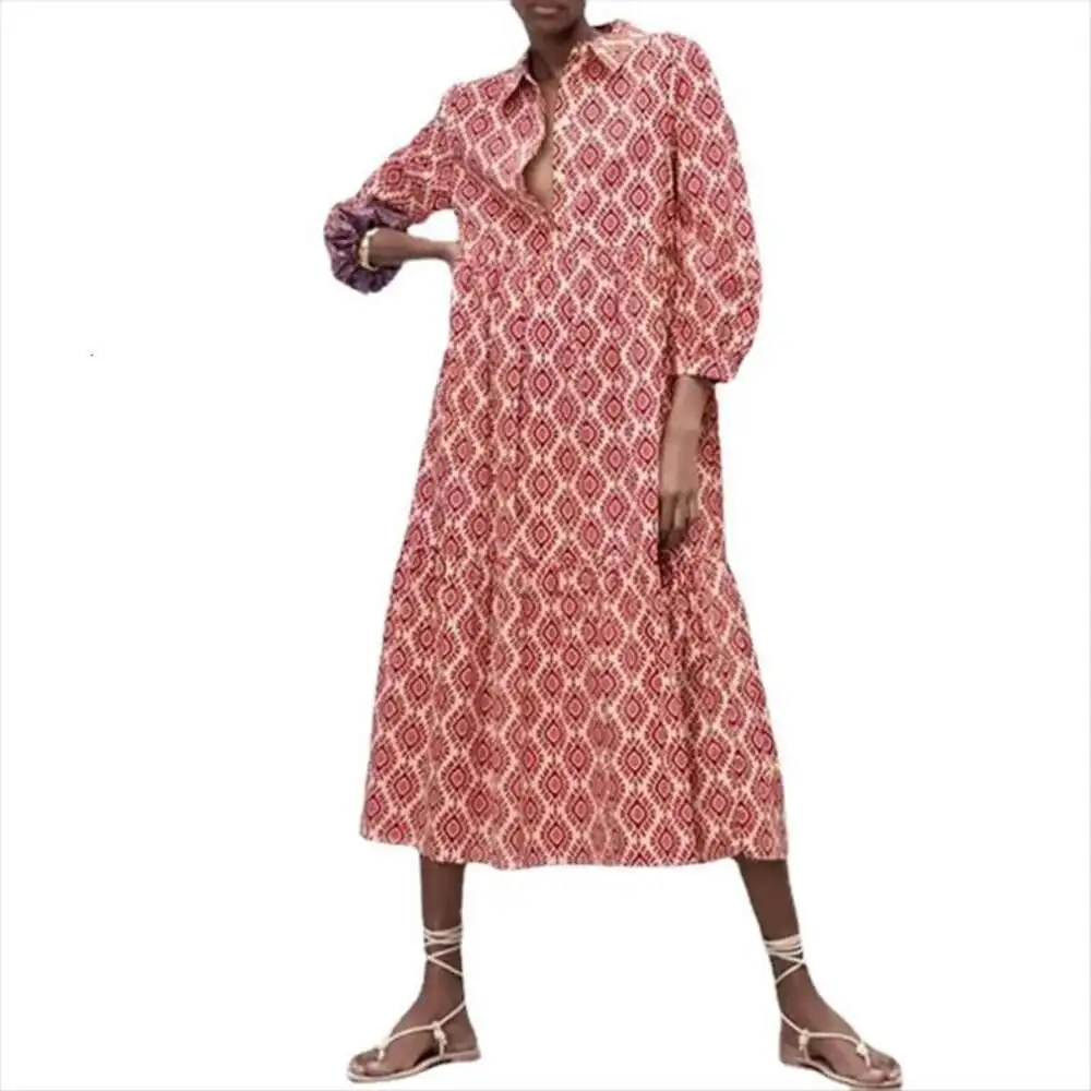 

Womens Long Sleeves Lapel Green Geometric Pattern Print Shirt Style Dress
