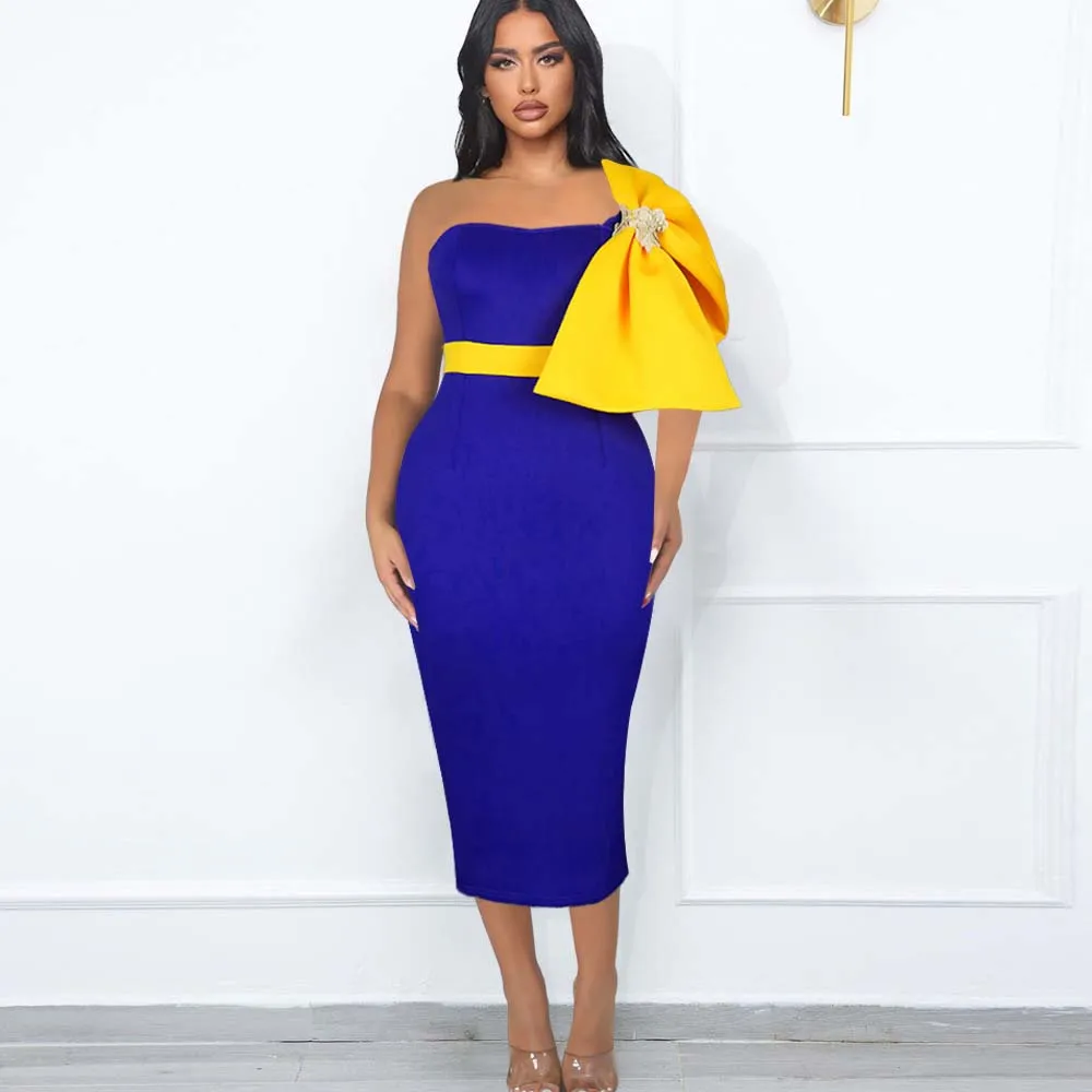 

Bodycon Dress Summer Sexy One-shoulder Stitching Bow Bag Hip Skirt Dress Party Dress Elegant Dress For Women 2022 Summer