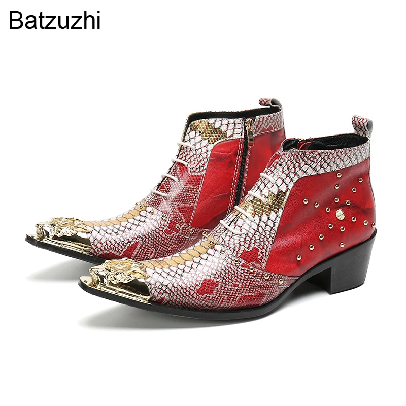 's Shoes Gold Iron Toe Red Gold Leather Ankle Boots For Men 
