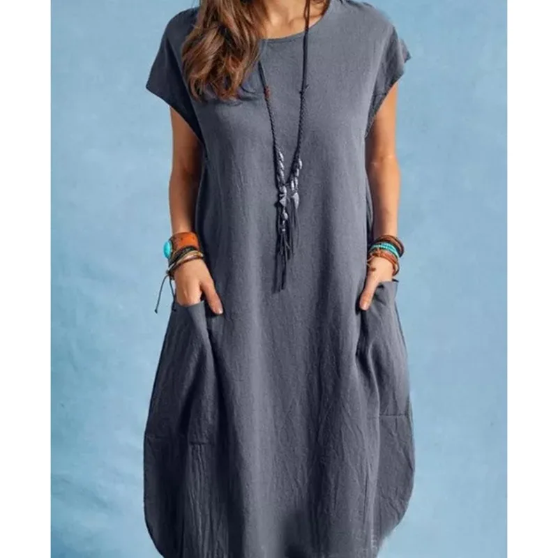 

2023 Summer Cotton Linen Oversize Women's Short Dress O-neck Pockets Loose Dresses Female Casual Fashion Beach Clothes Ladies
