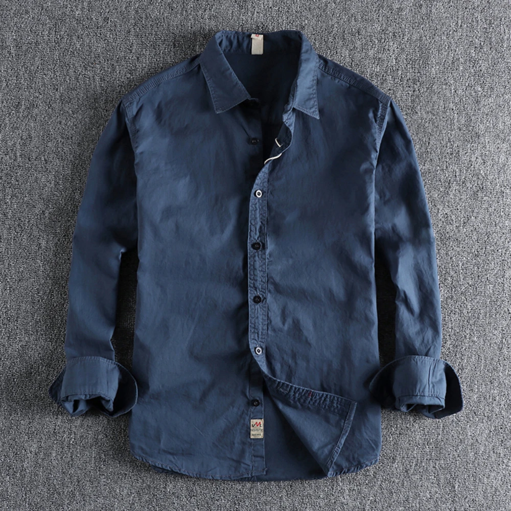 

Новая Осенняя промытая хлопковая Однотонная рубашка в стиле ретро с длинным рукавом мужская простая повседневная универсальная рубашка в ...