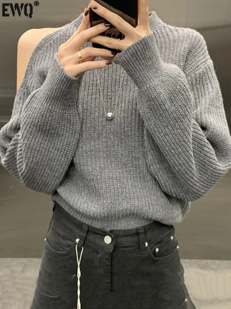 

[EWQ] Simple O Neck Hollowed Out Off Shoulder Loose Casual Long Sleeve Pullover Sweater Knitted Jumper 2023 Autumn Winter 6U6597
