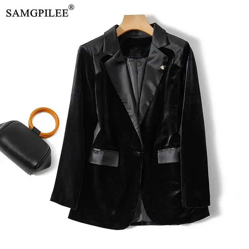 Fashion Woman Blazer 2022 Classic Commuter Waist Velvet Light Luxury Fabric One Button Shrug Autumn Women's Suit Jackets 4XL