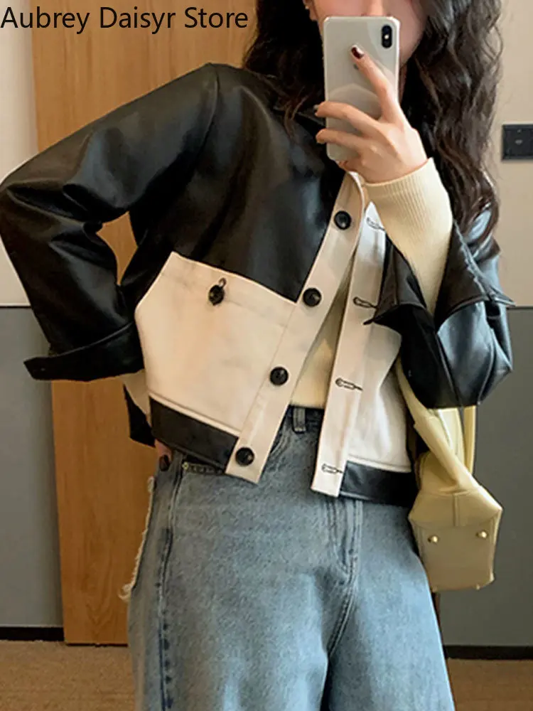 Korean Cropped Leather Jacket Women Vintage Streetwear Pockets Women's Autumn Jacket High Street Y2K Chic Faux Fur Coat 2021 New