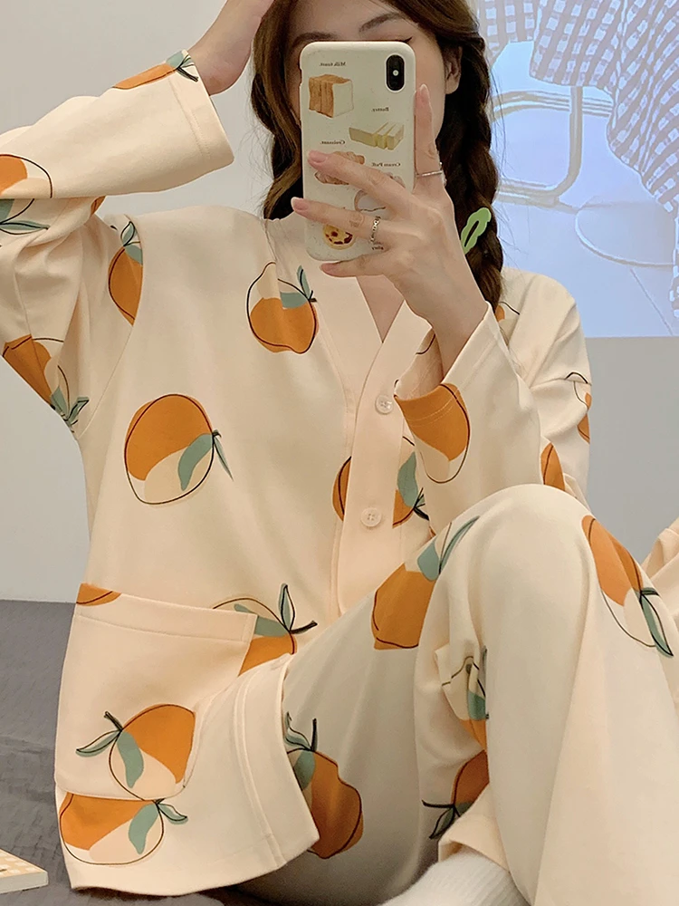 2 Piece Women Set Spring Autumn Long Sleeve Pajamas for Woman Cotton Fashion Sleepwear Flowers Print Soft Ladies Pajama Set