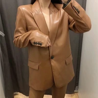 female ladies outwear mid length fashion notched brown pu blazers women faux leather loose jackets elegant single button suits