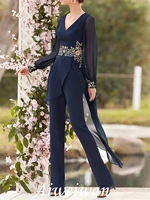 pantsuit jumpsuit mother of the bride dress elegant v neck floor length chiffon lace long sleeve with appliques