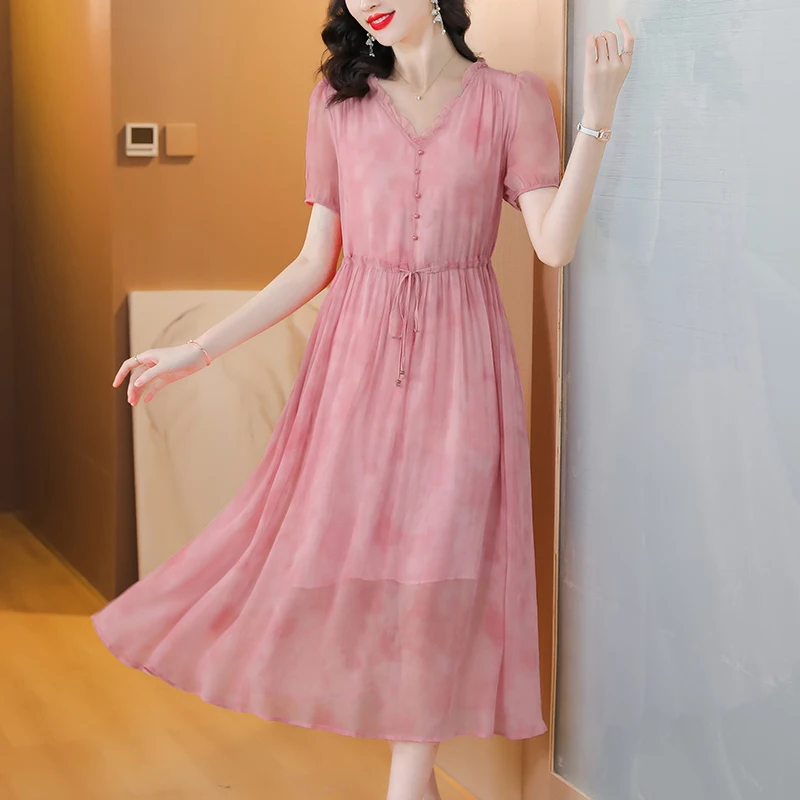 Женское винтажное шелковое платье свободного покроя повседневное однотонное