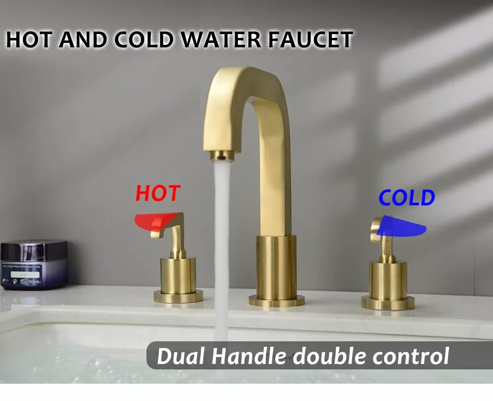 

Three-hole Mixer Hot Cold Water Taps Brushed Gold Brass Deck Mounted Bathroom Above Counter Basin Faucet Dual Holder