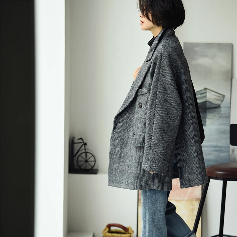 W90510 Литературный ретро британский клетчатый стильный костюм из чистой шерсти