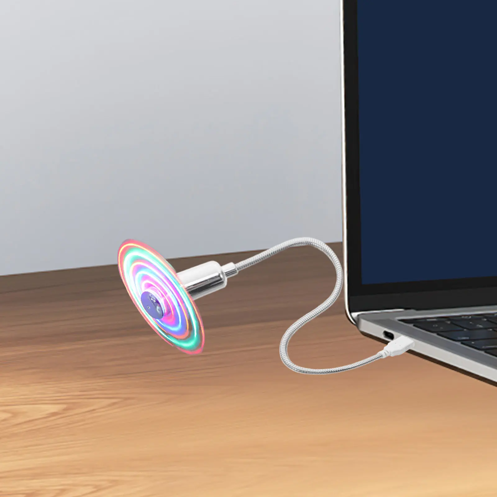 Фото USB LED-вентилятор 41 см, серебристый, мини, с динамической подсветкой 64 цветов, круглой формы, для офиса, дома, рабочего стола, портативный №2
