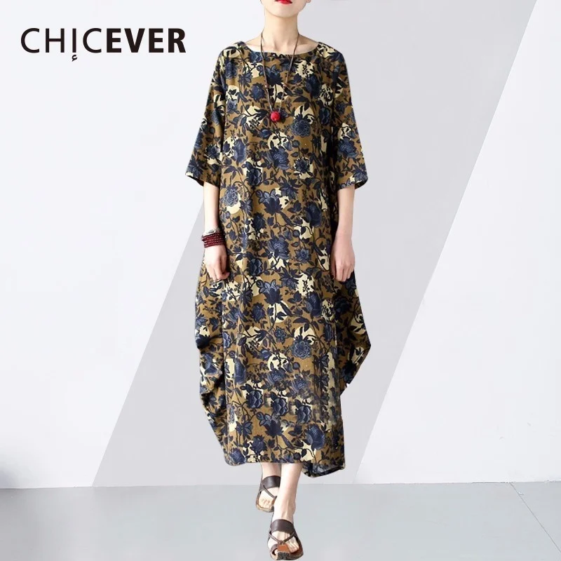 

CHICEVER, винтажное длинное платье с цветным блоком, для женщин, с круглым вырезом, свободные платья длиной до щиколотки, Женская корейская модн...