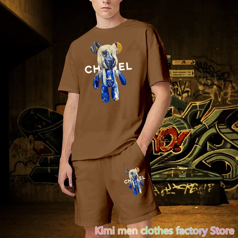 Bear print TShirts Shorts Sets Cotton Set Men Oversized 2 Piece Outfits Sets for Men Summer Streetwear Tracksuit Jogging suit