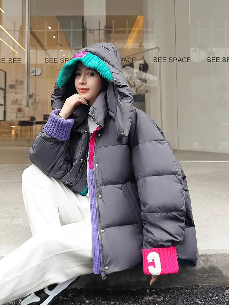 GRELLER 2022 New Winter Women Parkas Jackets Loose Hooded Thicken Warm Padded Coat Knit Spliced Female Winter Outwear Jackets