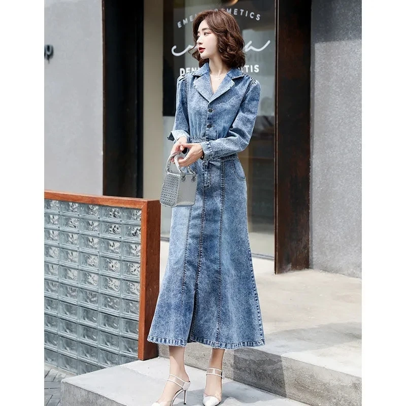 

Женское однобортное джинсовое платье, повседневное облегающее платье с длинным рукавом и воротником-стойкой, осень