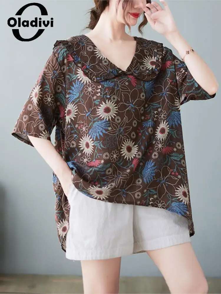 

Oladivi Women Fashion Floral Printed Blouses 2022 Summer New Casual Loose Cotton Linen Top Shirts Female Oversized Clothing 9128