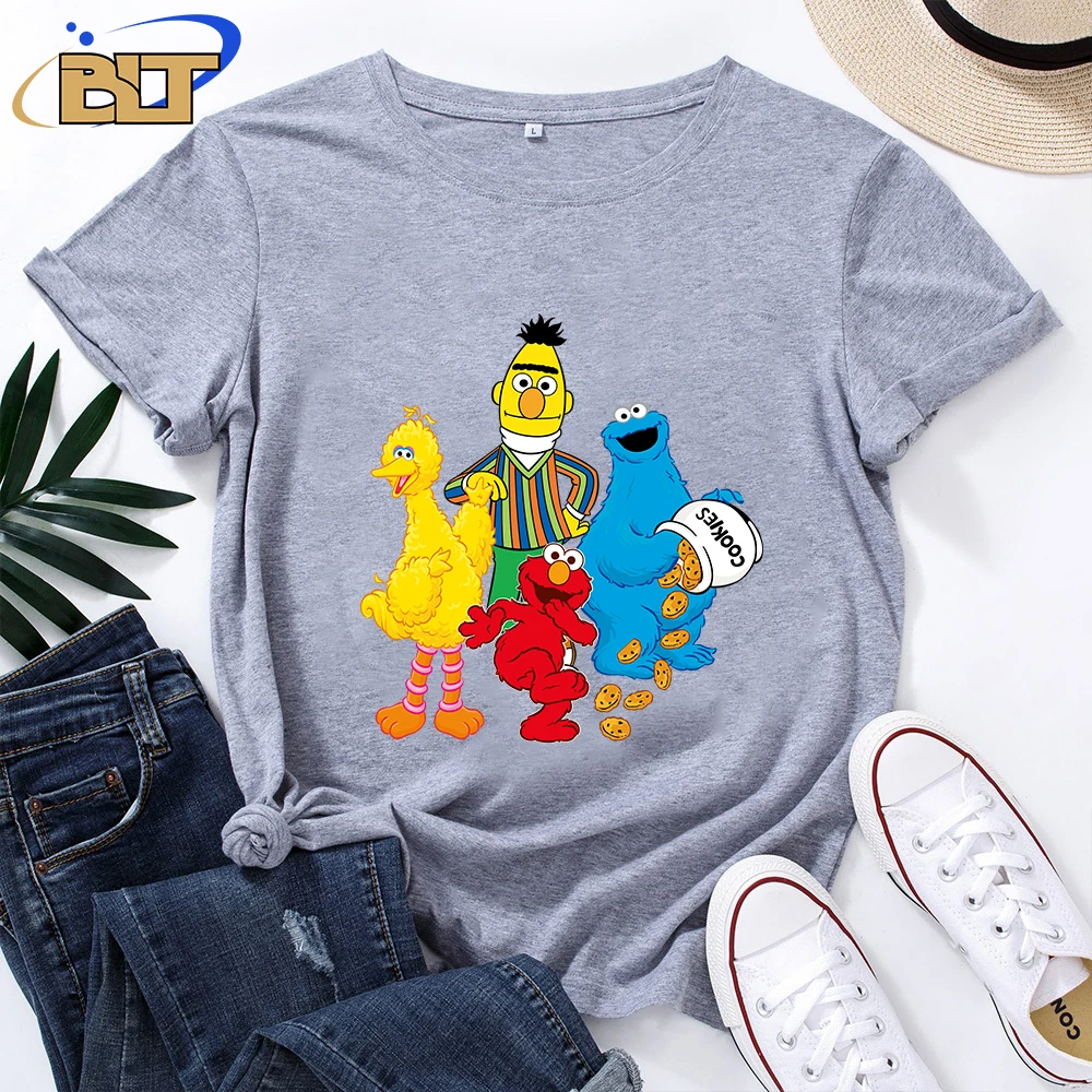 Женская футболка с принтом Улица Сезам повседневная серая хлопковая коротким