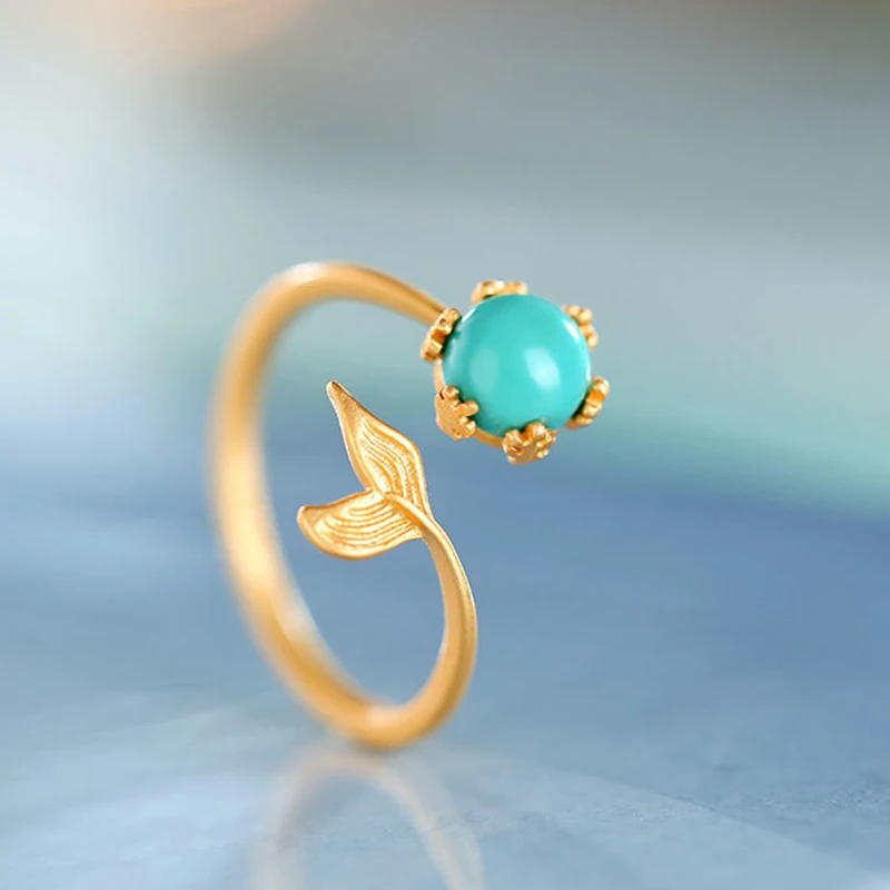 

Оригинальный дизайн древнее золото инкрустированное бирюзовым рыбьим хвостом кольцо регулируемое романтическое свежее искусство женские...