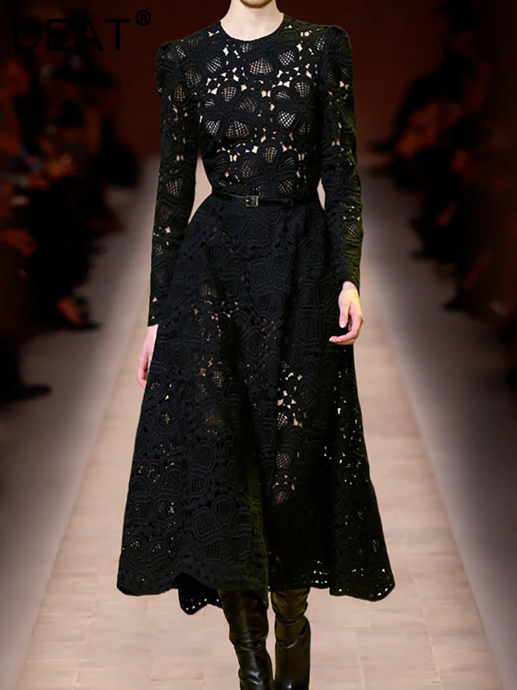 

[DEAT] Women Evening Dress O-neck Long Sleeve Lace Embroidery Belts Waist Zipper Fashion Female Dresses Summer 2023 New 13DB1755