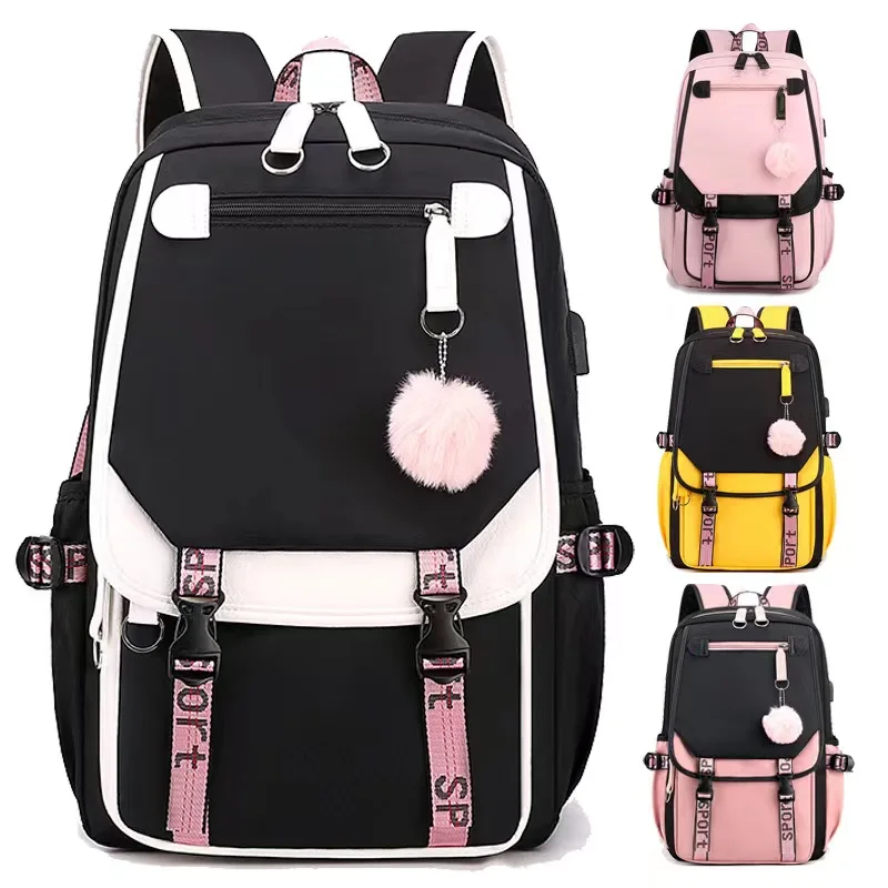 Pink Teen School Backpack Large School Bags for Teenage Girls USB Port Canvas Schoolbag Student Book Bag Fashion Black