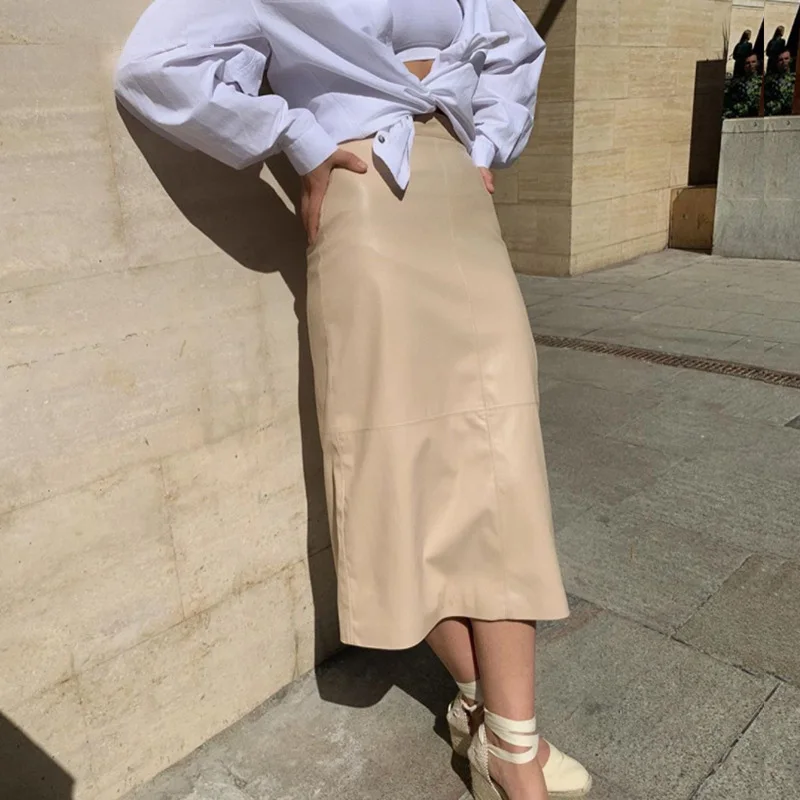 

Fashion PU Leather Patchwork Women Skirts High Waist Zipper Female Mid Length Skirt Solid Simple A-Line Casual Ladies Bottoms