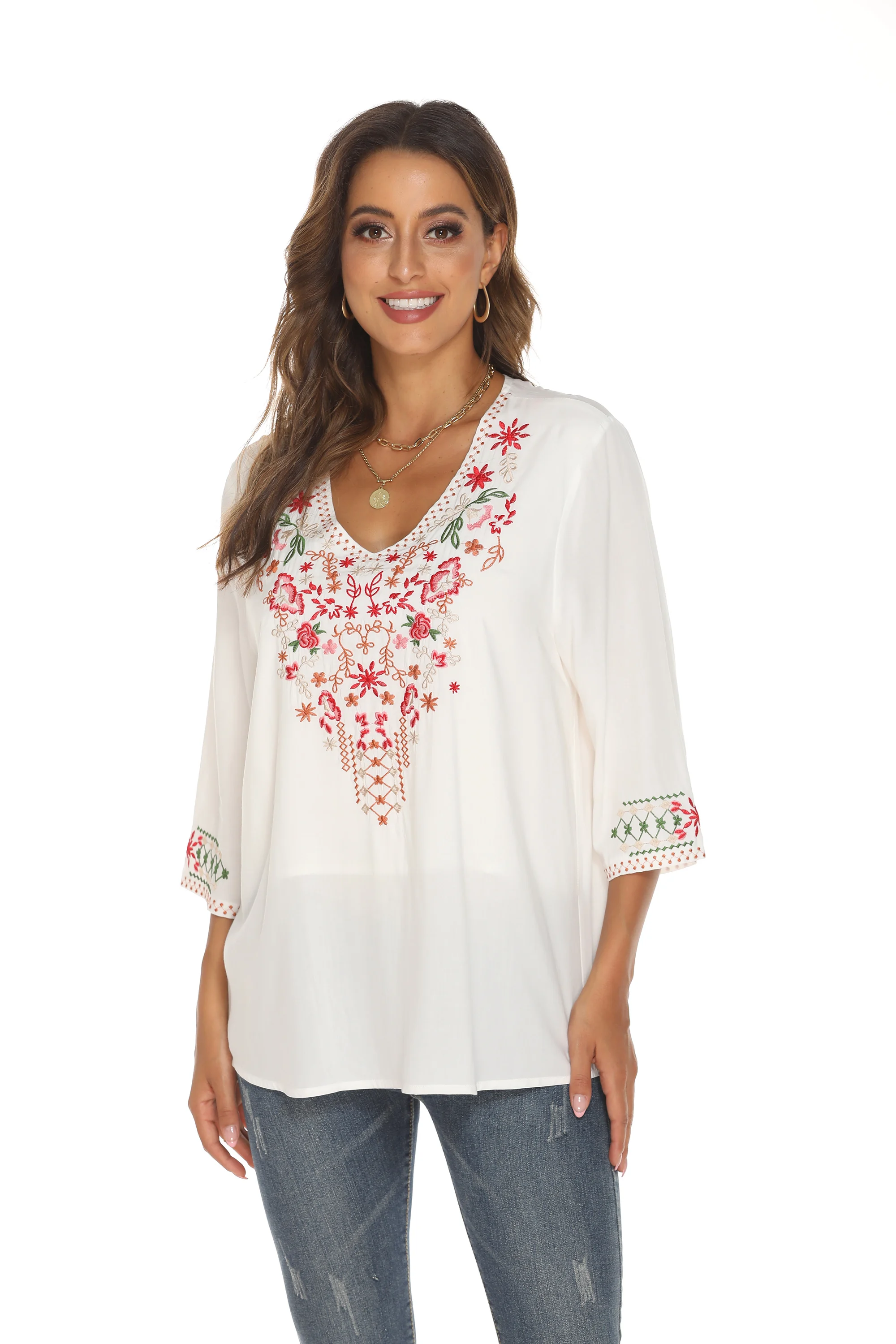

Eaeovni Women's Embroidered Casual Solid Summer Farmer Top Elegant Shirt Loose Fit 3/4 Sleeve Tee embroidery shirts for women