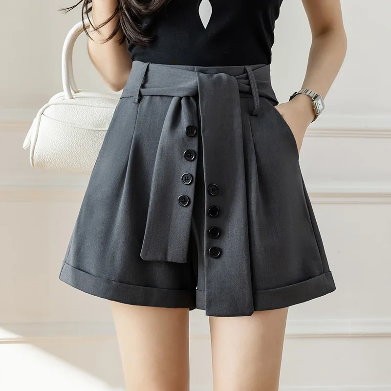 

2022 summer elegant women's suit shorts sashes office lady high waist casual loose wide leg shorts female pocket trousers q317