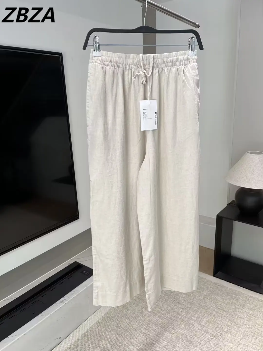 

Женские брюки ZBZA из смешанного льна, новинка 2023, Шикарные Модные Винтажные женские брюки до щиколотки с высокой эластичной талией и шнуровкой
