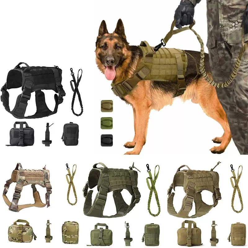 

2022New Service Dog Military Tactical Harness Vest Clothes Patrol Molle Outdoor Training With Accessory Water Bottle Carrier Bag