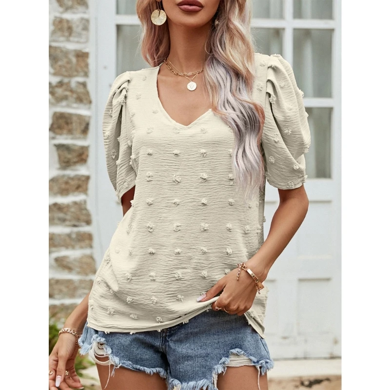 

Women Puff Short Sleeve Tunic Shirts Casual Loose V-Neck Swiss-Dot Blouses Top