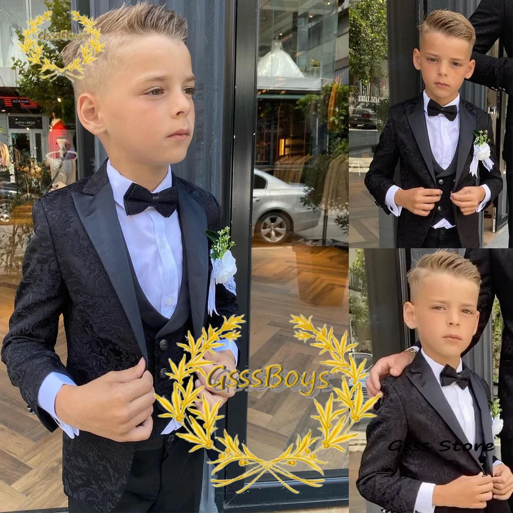 Black Jacquard Boys Suit for Wedding Tuxedo 3 Piece Kids Blazer Pants Vest Important Occasion Dress Formal Jacket