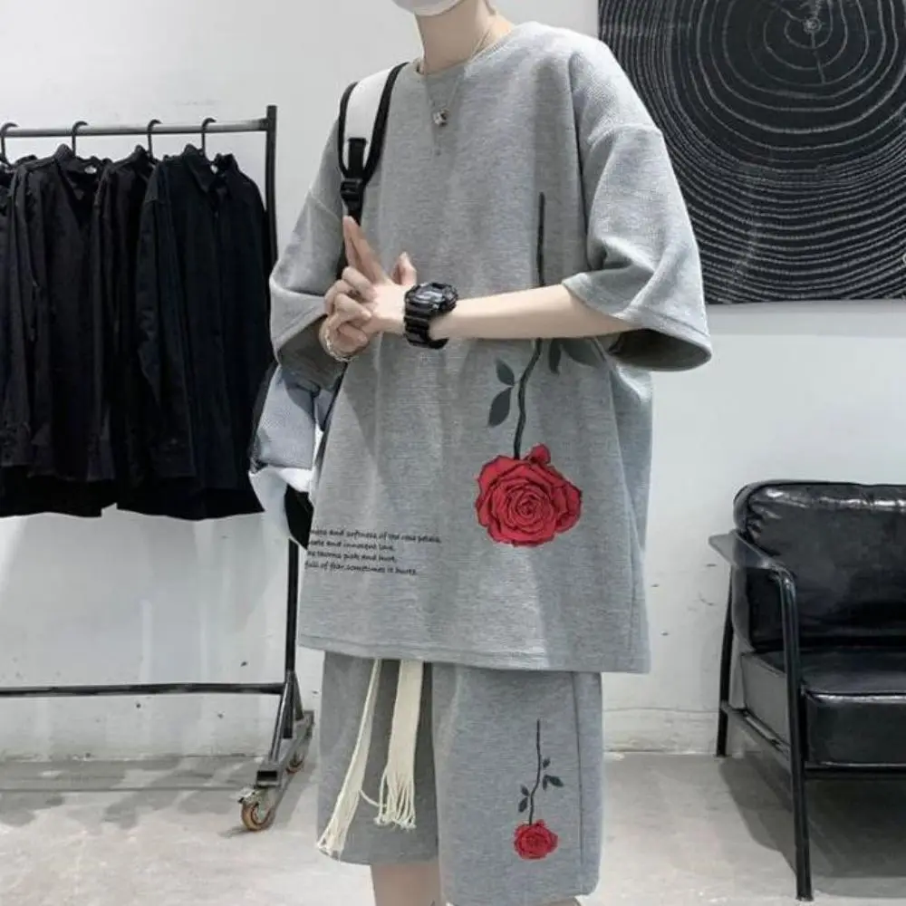 M-5XL Korean Fashion Streetwear Hip Hop Rose Casual Short  Suit Tshirt 2 Piece Set Summer Tracksuit Men Harajuku Oversize Tee