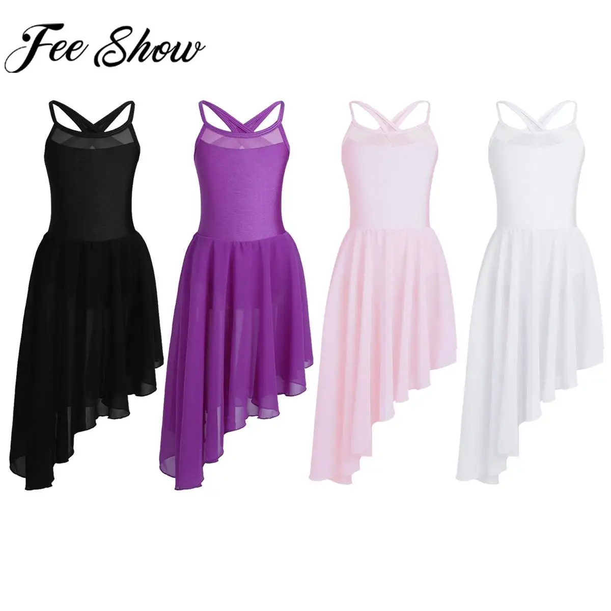 

Girls Gymnastics Ballet Dress Kids Leotards Tutu Mesh Splice Cutout Back Asymmetrical Ballerina Contemporary Stage Dance Class