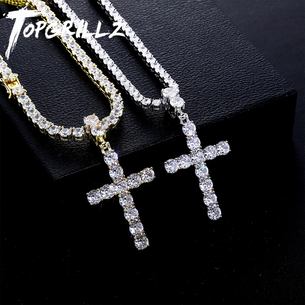 

TOPFRILLZ New Cross Pendant Necklace With 4mm Tennis Chain High Quality Iced Micro Pave Cubic Zirconia HipHop Fashion For Gift
