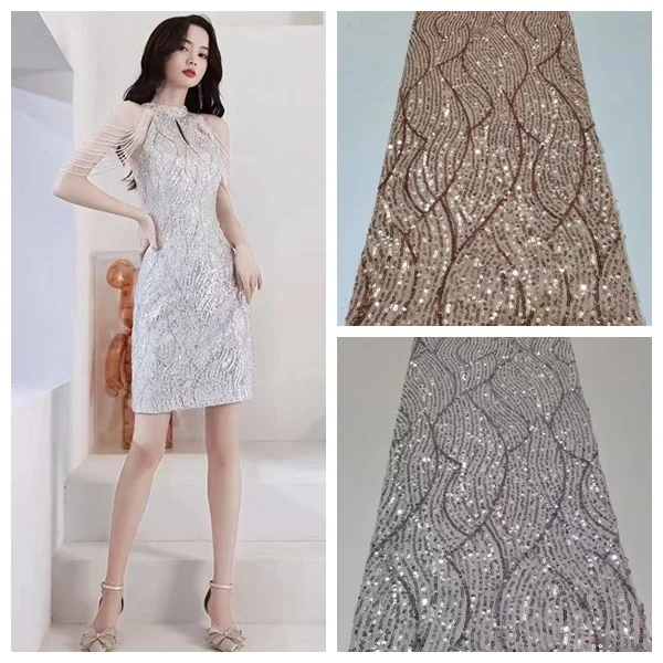 

Silver Women's Textile Sewing Material 5 Yards High Quality Sequins Embroidery French Mesh Lace Fabric For Bridal