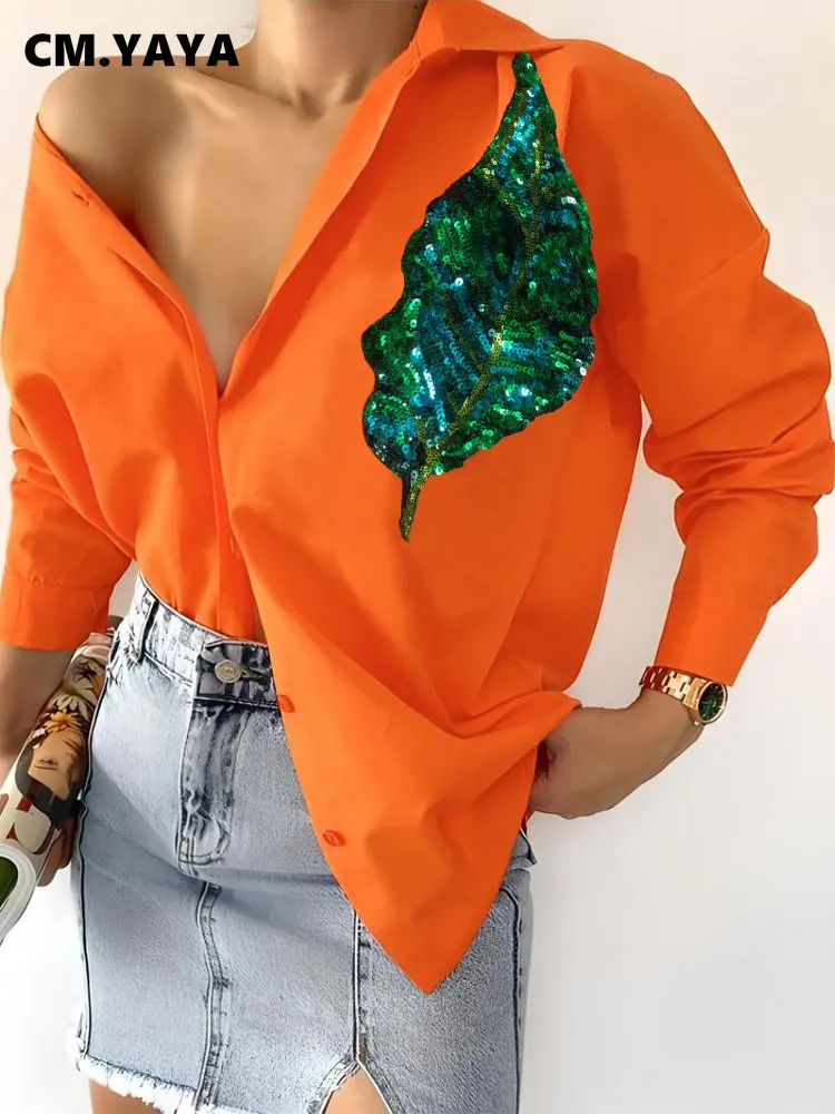 

Женская однобортная блузка с блестками CM.YAYA, оранжевая блузка с длинным рукавом и отложным воротником, рубашка, топы