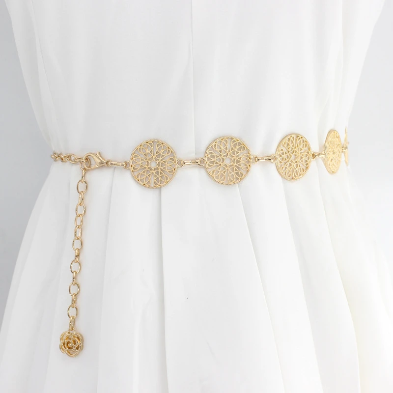 

Elegant Round Metal Belt For Women Retro Gold Silver Carved Hollow Out Chain Long Belts Fashion Dress Decorative Lady Waistband