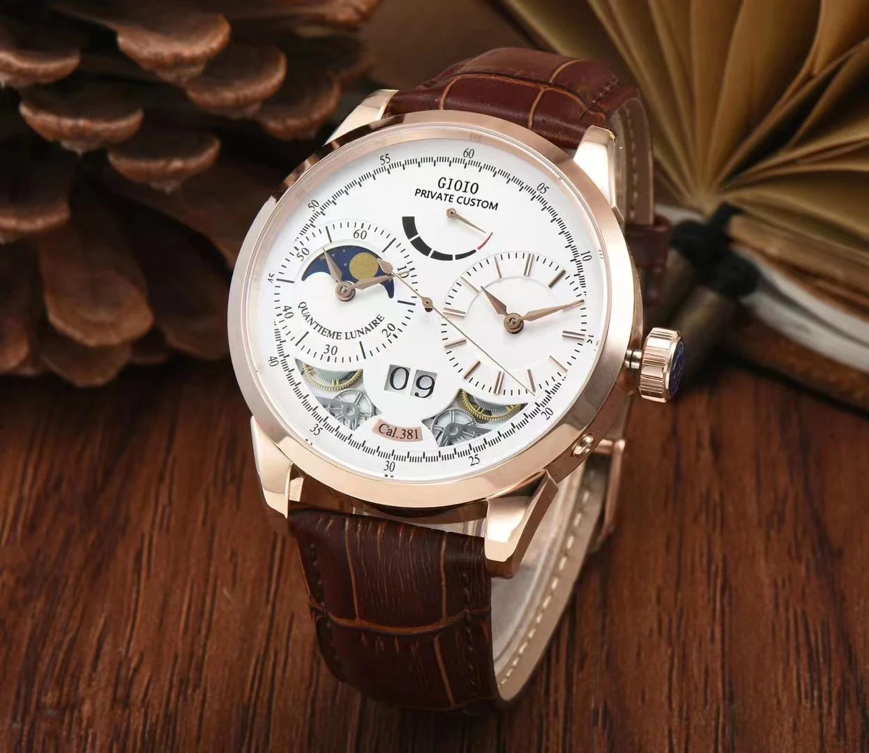 

Мужские автоматические механические часы Moon Phase, черные, коричневые, с кожаным ремешком