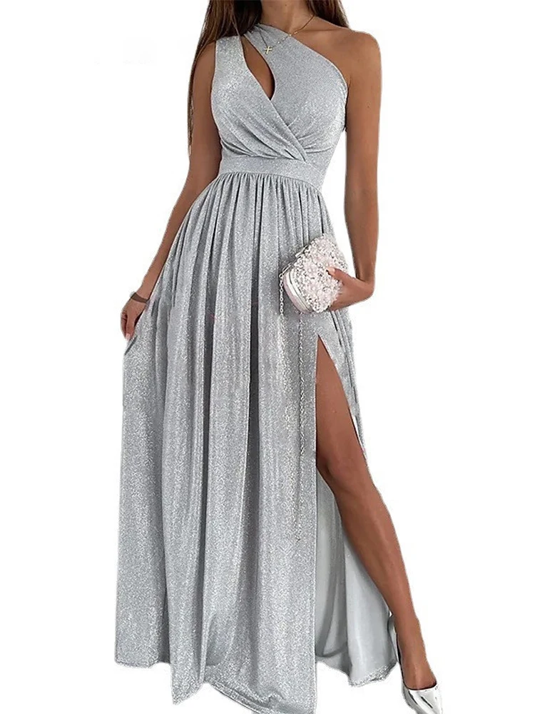 

Summer Sleeveless Draped Lady Party Dress Sexy Skew Collar Hollow Out Long Dress Women Spring One Shoulder High Slit Maxi Dress