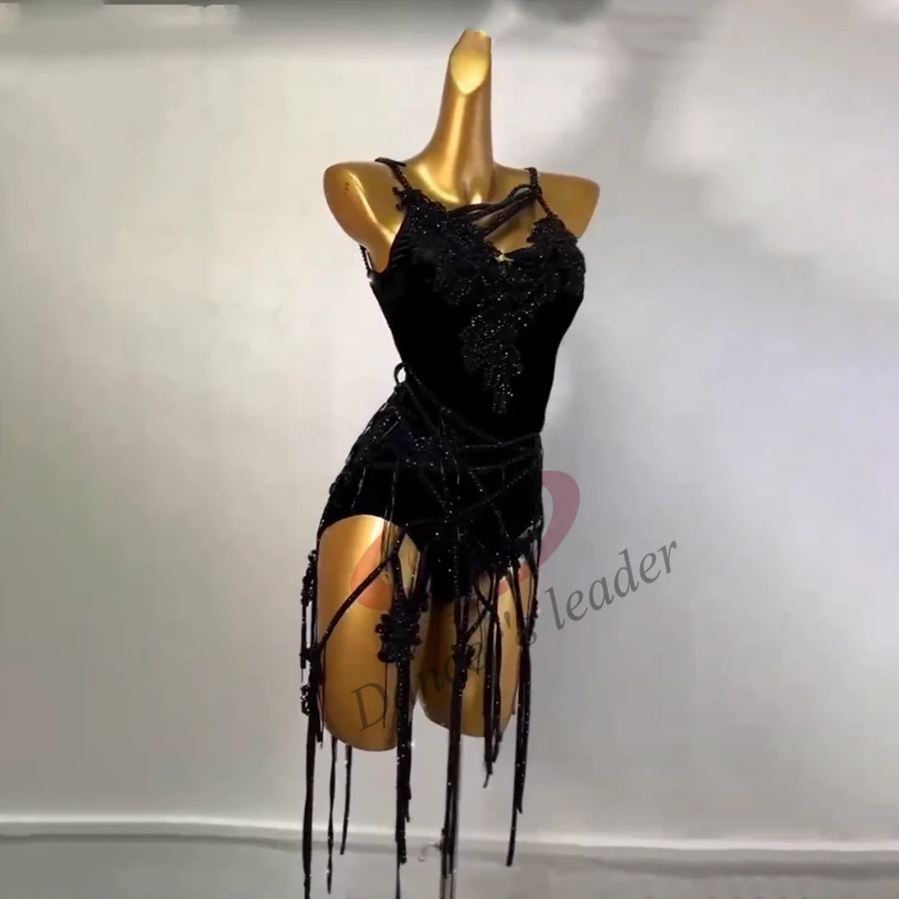 

Женское платье для латиноамериканских танцев, черное блестящее платье для выступлений румбы ча-танго