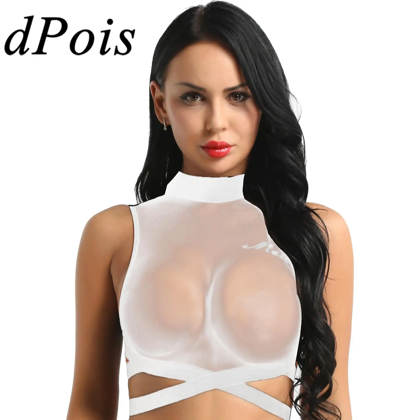 

Women Sexy Lingerie Round Neck Sheer Mesh Tops Elastic Strappy Criss Cross Sleeveless Crop Tank Tops Vests for Female Nightwear