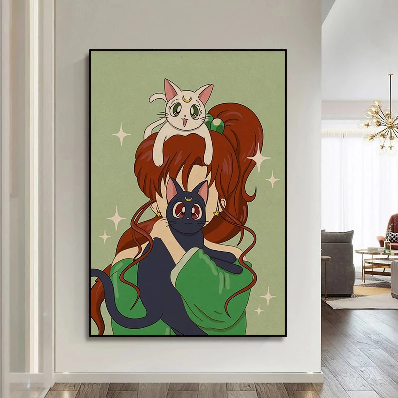 Плакат BANDAI из крафт-бумаги в стиле ретро с изображением Сейлор Мун кошки |